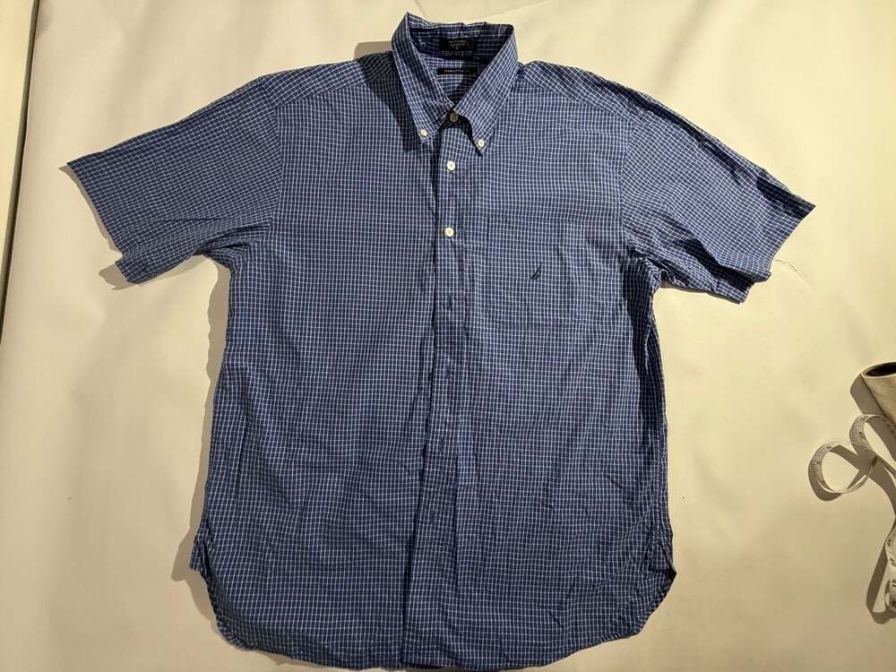 Nautica Mens Blue White Windowpane Check Short Sleeve Button Down Cotton Shirt